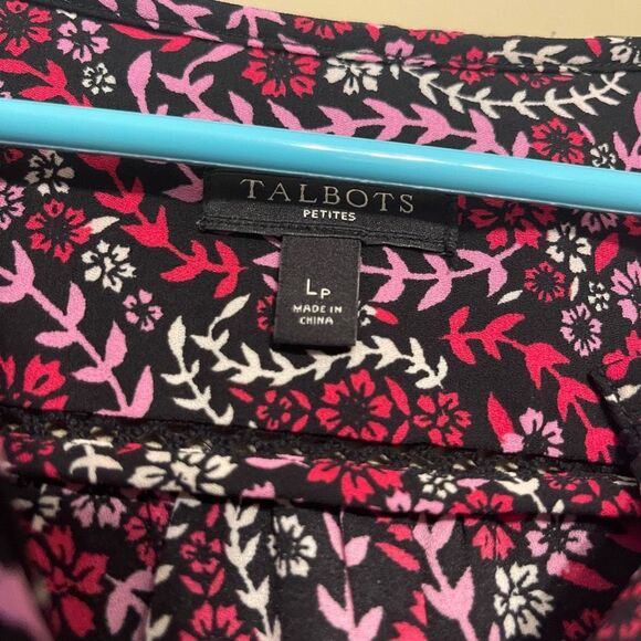 Talbots Womens Pink Black White Floral VNeck Blouse Petite Large LP - Picture 5 of 10